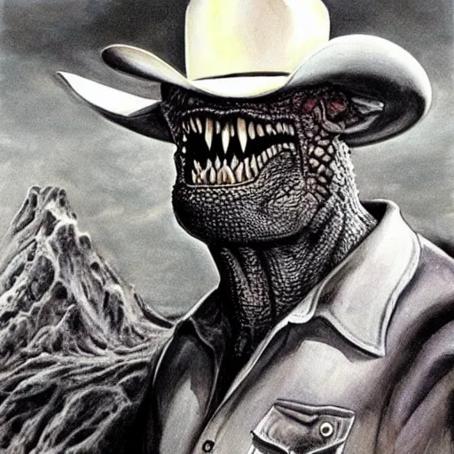 Prompt: beautiful lifelike painting of godzilla wearing a cowboy hat, hyperreal detailed facial features and uv lighting, art by ed roth and basil wolverton