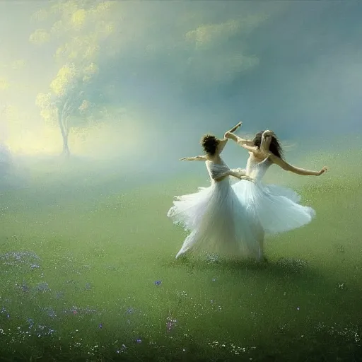 Prompt: the moonlit dance of the fae, dancers in white dancing across a flower meadow the moonlit dance by elena vizerskaya and ivan aivazovsky, perfectly detailed, artstation, sharp focus, highly detailed, studio photography, impresion de giclee arte abstracto, award winning