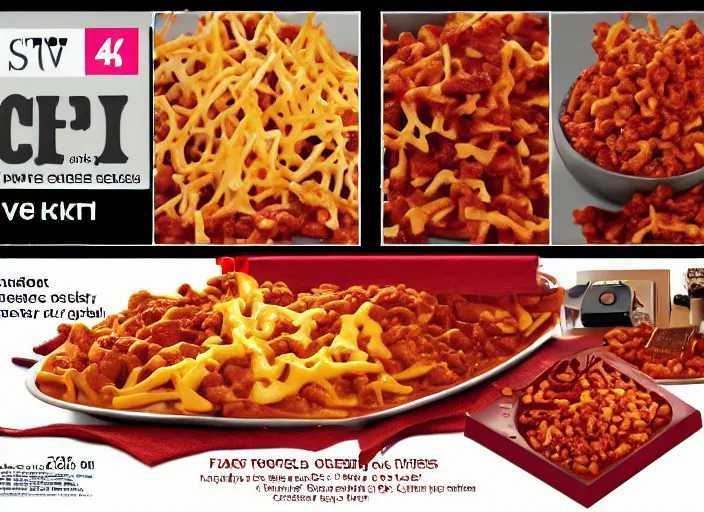 Image similar to qvc tv show product showcase pile of nasty chili cheese fries, chunky fat sales men, studio lighting, limited time offer, call now, extremely detailed, horror, 4 k, hd