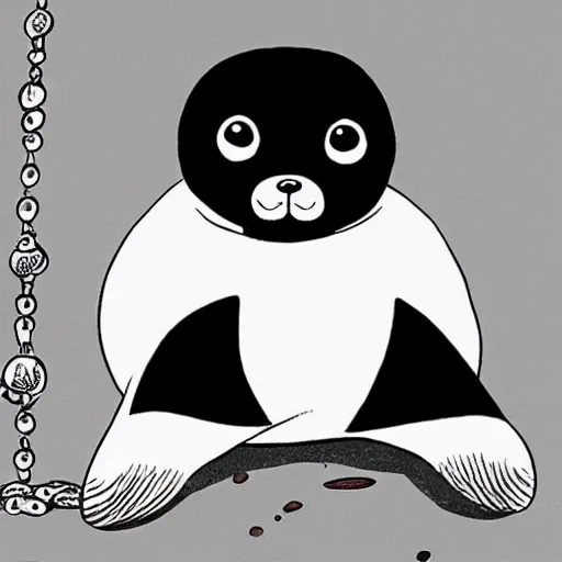 Image similar to baby seal crying next to a broken pearl necklace, wide angle, comic book by frank miller