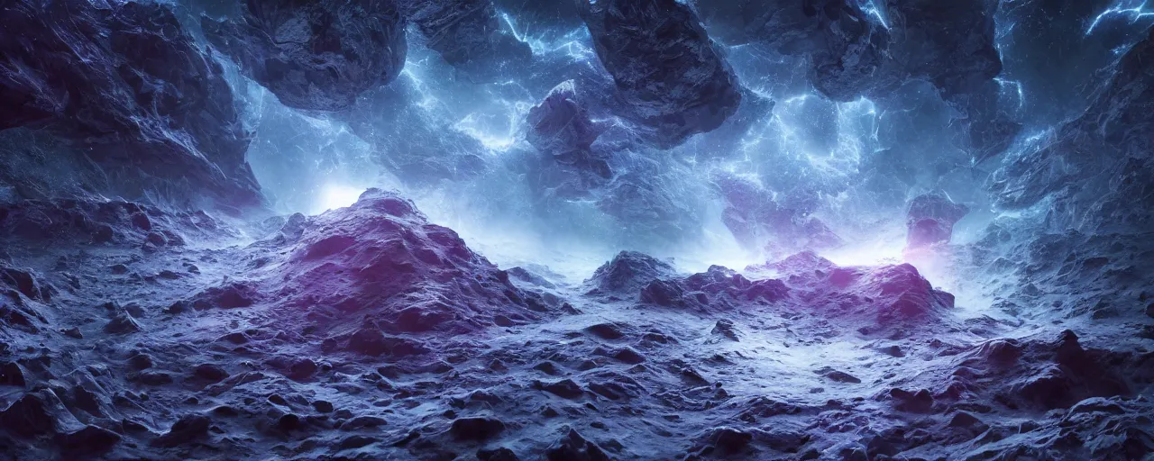 Image similar to dark galaxy panorama, fluid simulation, realistic lighting, dynamic lighting, space hive, octane render, houdini simulation, volumetric lighting, chiaroscuro, minimalist, color graded, cinematic lighting, deep, cinematic, bokeh, cinematic lut, by wayne barlowe