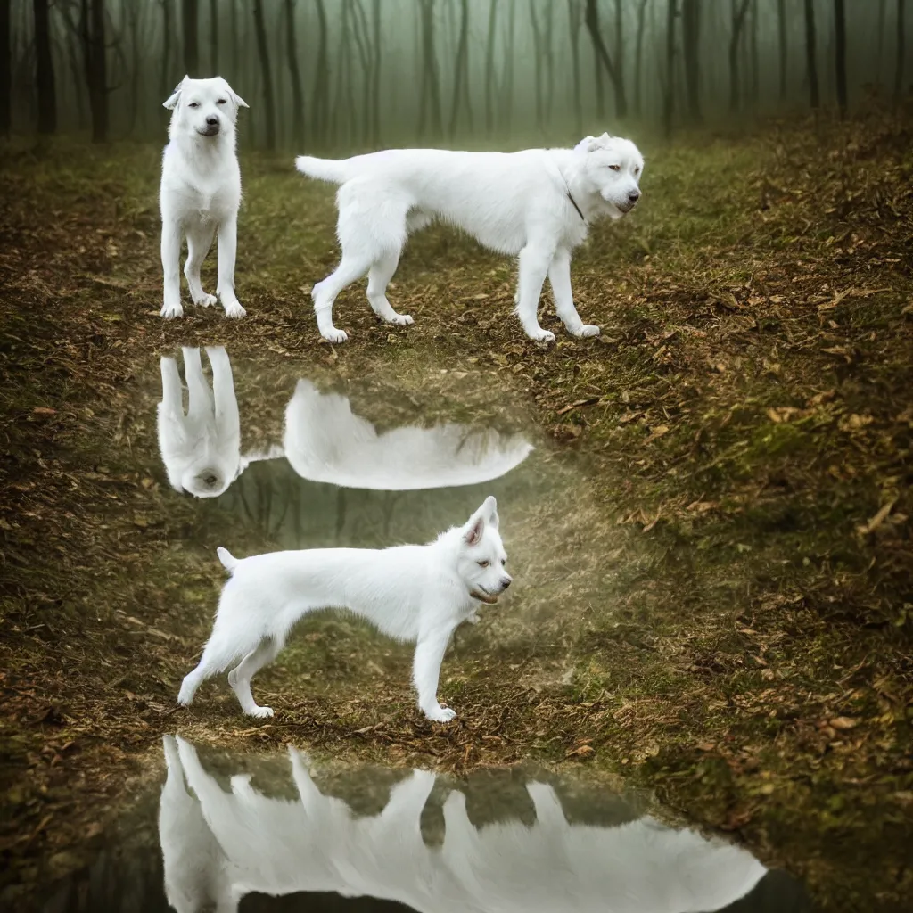 Image similar to white siberian laika dog, with reflection in the puddle, foggy old forest, very detailed, 4 k, professional photography