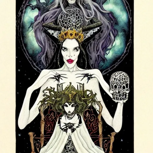 Prompt: the gothic wiccan beautiful queen witch occult woman sitting atop her throne made of skulls by gerald brom by anna steinbauer by kelly mckernan by edward gorey, trending on artstation