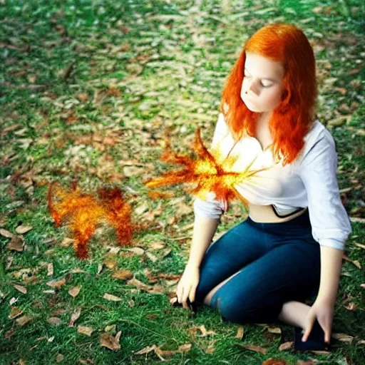 Prompt: a magic ginger hair teen girl casting magic spell