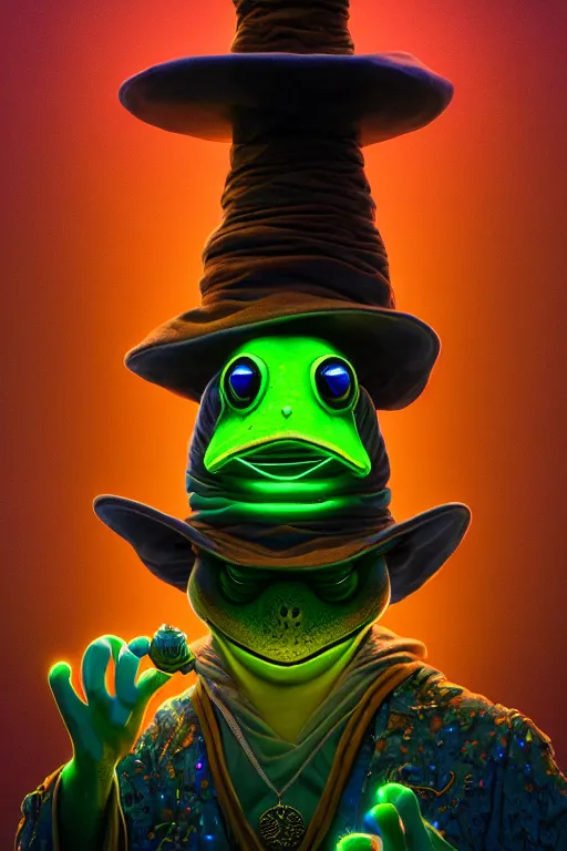 Prompt: Bioluminescent, portrait of frog wearing wizard hat, very intricate , trending on artstation , very elegant, in the golden hour by Dan Mumford and Moebius and Daniel Merriam, Trending on Artstation, oil on Canvas by Elena Zhurikhina and Goro Fujita and Charlie Bowater, octane render, 4k, 8k, HD