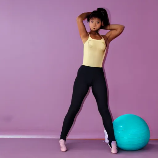 a woman wearing a leotard using an exercise ball, 90s