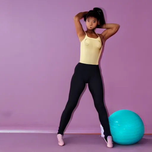 Prompt: a woman wearing a leotard using an exercise ball, 90s' anime training tape aesthetic.