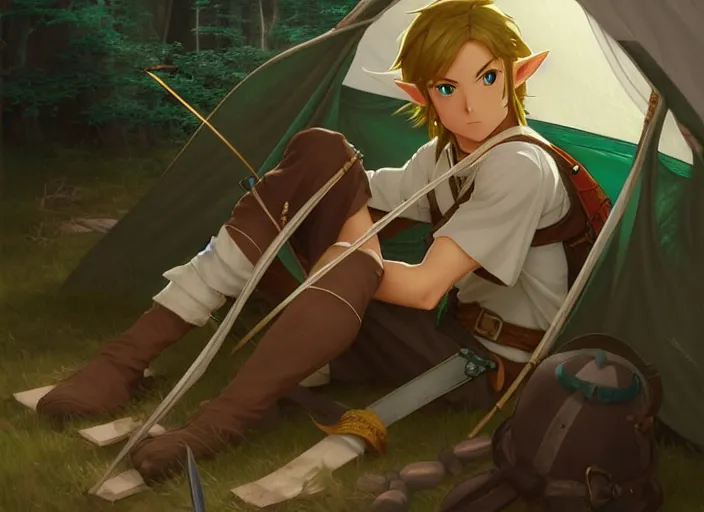Image similar to cinematic full anime portrait of link from zelda resting with his bow at his tent. intricate, elegant, highly detailed, digital art, artstation, concept art, smooth, sharp focus, illustration, by stanley artgerm, greg rutkowski, studio ghibli, alphonse mucha, norman rockwell 8 k