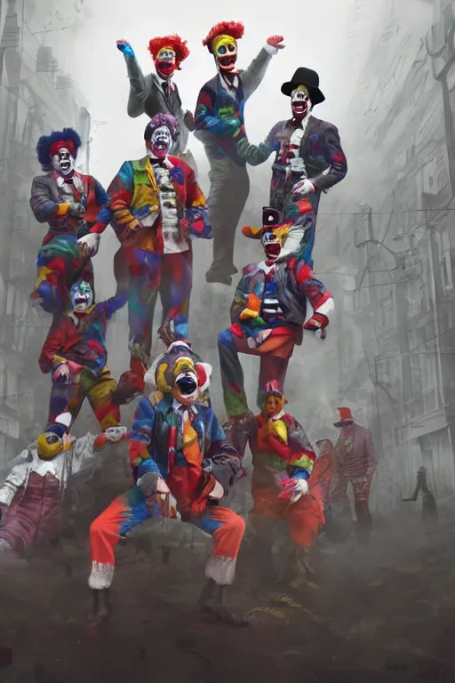 Image similar to a group of men dressed as clowns standing in front of a tv screen in a dark foggy alley, highly detailed, trending on artstation