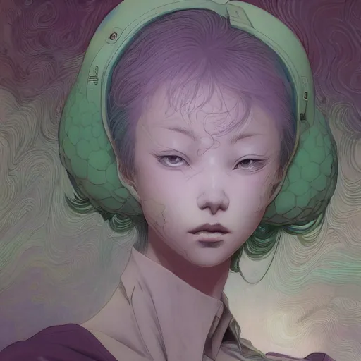 Image similar to prompt : pale violet and dark green portrait soft light painted by james jean and katsuhiro otomo and erik jones, inspired by evangeleon anime, smooth face feature, intricate oil painting, high detail illustration, sharp high detail, manga and anime 1 9 9 9