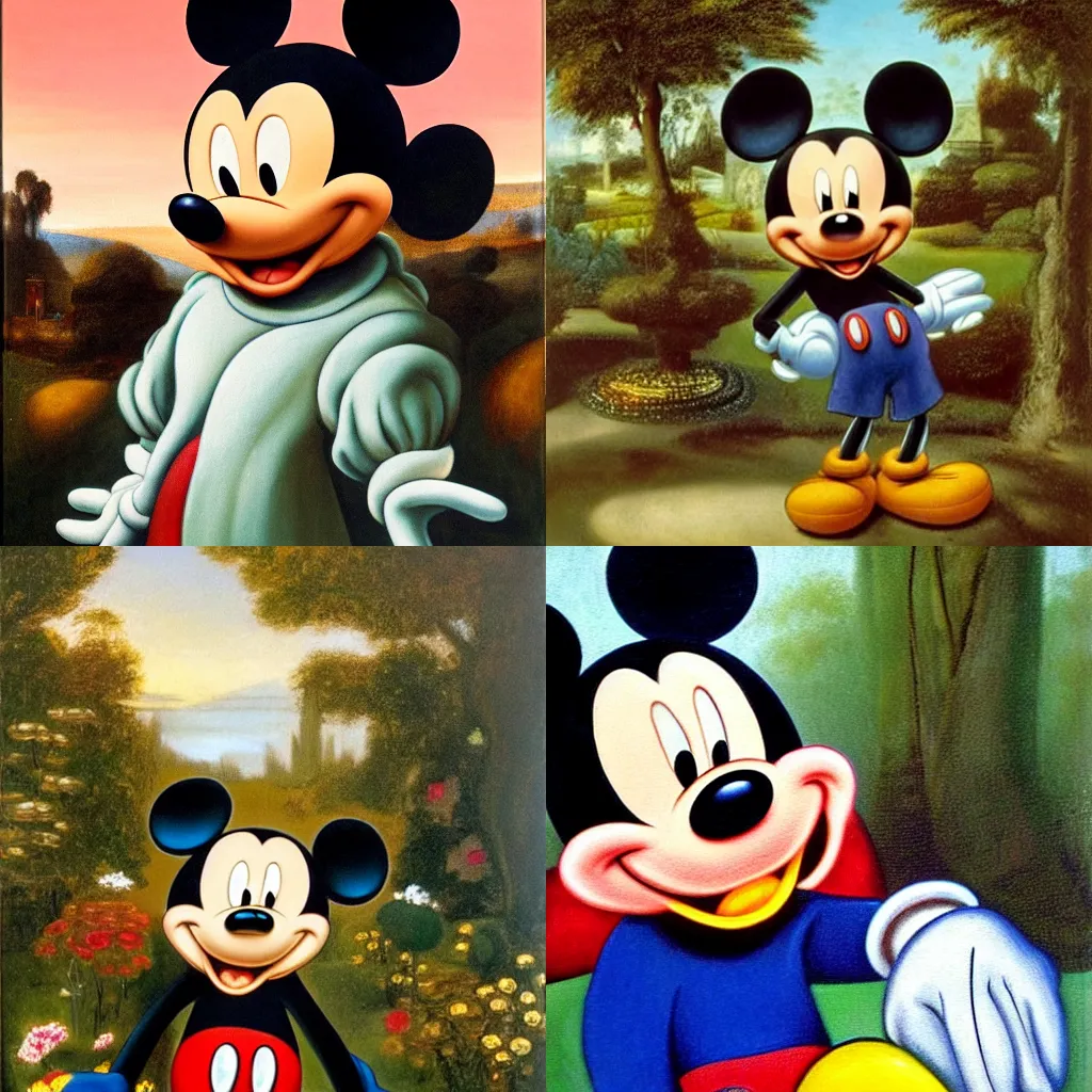 Prompt: portrait of mickey mouse, there is a beautiful garden in the background, oil painting by da vinci