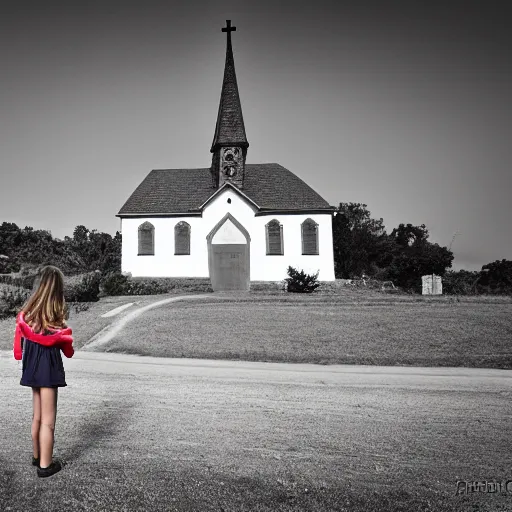 Prompt: the landscape of a girl standing in front of church, by Paindude.