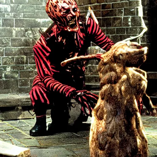 Prompt: film still of Freddy Krueger as Cerberus in Harry Potter the Sorcerer's Stone