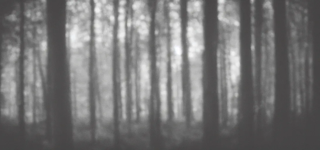 Prompt: window view, shutter, forest, monochrome, analogue photo quality, blur, unfocus, cinematic, 35mm