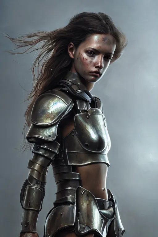 Image similar to a photorealistic painting of an attractive young girl, partially clothed in dirty metal-plated battle armor, dirty olive skin, long dark hair, beautiful bone structure, perfectly symmetrical face, perfect eyes, intricate, elegant, digital painting, concept art, illustration, sharp focus, minimal artifacts, volumetric lighting, from Metal Gear, in the style of Greg Rutkowski, trending on Artstation, award winning