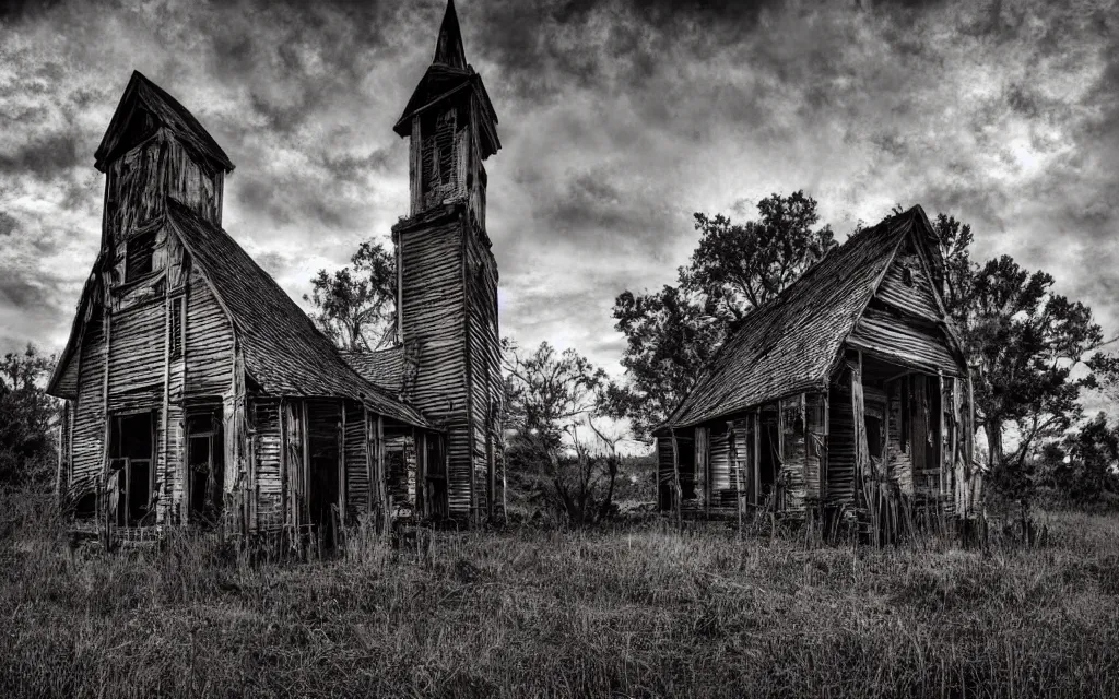 Image similar to an old wooden church rotting away in the bayou, realistic, old photograph, dynamic composition, creepy