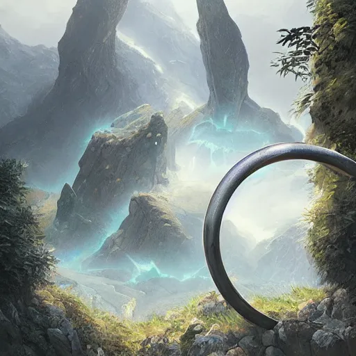 Prompt: a metal ring gate set into a mountain gap is a way to a new dimension,cosmis swirls seen though gate, misty, sci fi, high technology, futuristic, digital painting, artstation, concept art, smooth, sharp focus, illustration, art by artgerm and greg rutkowski and alphonse mucha