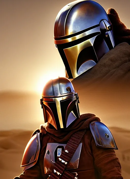 Prompt: Mandalorian as a medieval knight in intricate armor, ornate filigree armor, desert dunes, sunset clouds, sun glowing behind head, hypermaximalist, fantasy character concept, dynamic lighting, blurry, hyperrealism 8k