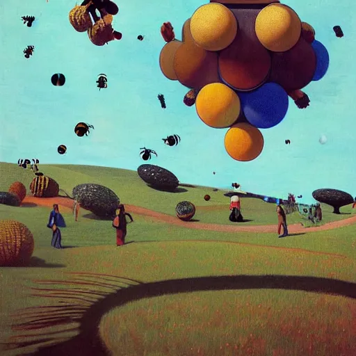 Image similar to giant cubes, spheres, bees, and pinecones fly through the air, as a tornado approaches, by takashi murakami, edward hopper, bo bartlett, wilson mclean, m. c. escher, vincent van gogh, olivia bee, and matthew willey, artstation