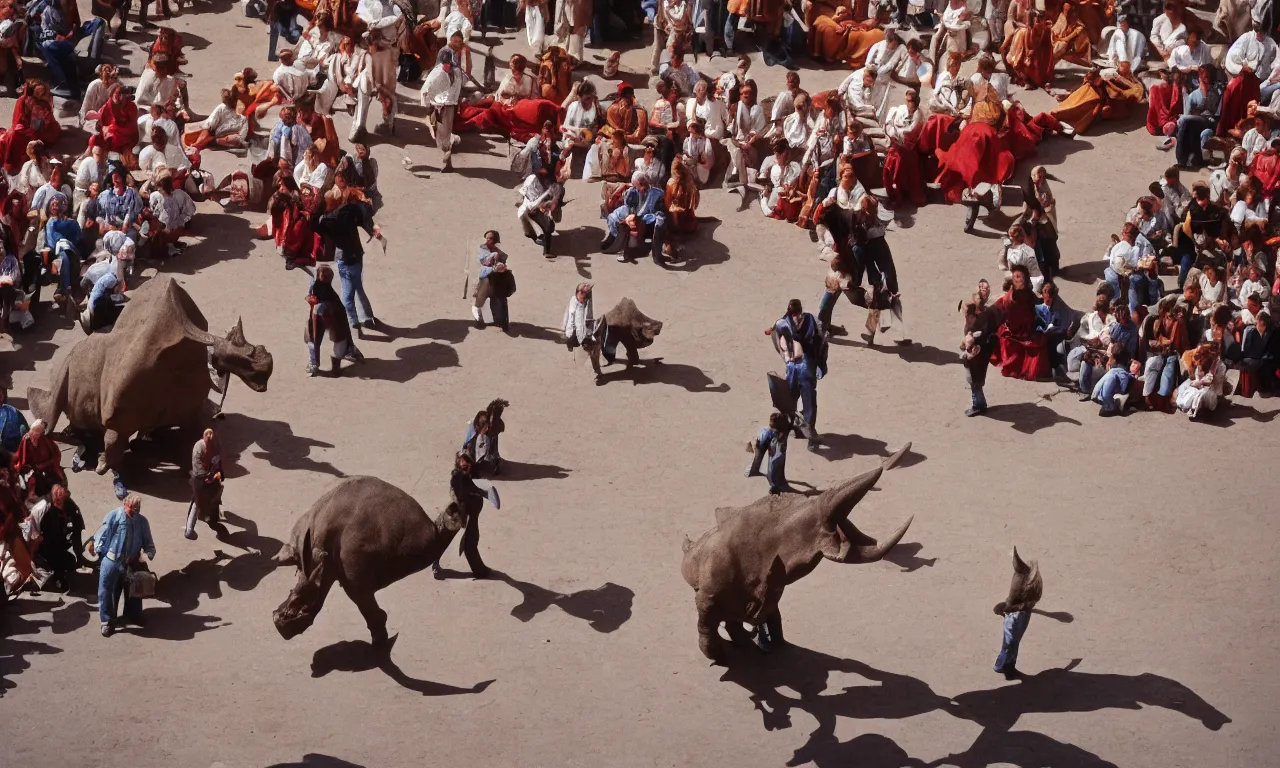 Image similar to a troubadour and a triceratops facing off in the plaza de toros, madrid. extreme long shot, midday sun, kodachrome