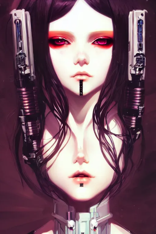 Image similar to portrait of beautiful young gothic cyborg anime maiden, cute-fine-face, pretty face, realistic shaded Perfect face, fine details. Anime, cyberpunk, Warhammer, highly detailed, artstation, illustration, art by Ilya Kuvshinov and Gustav Klimt