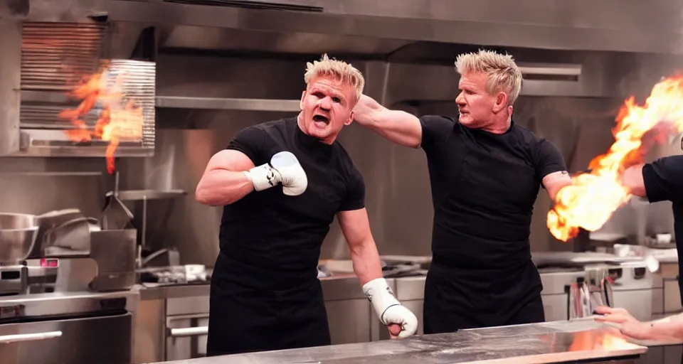 Image similar to photo of angry furious Gordon Ramsay punching Gordon Ramsay at the kitchen