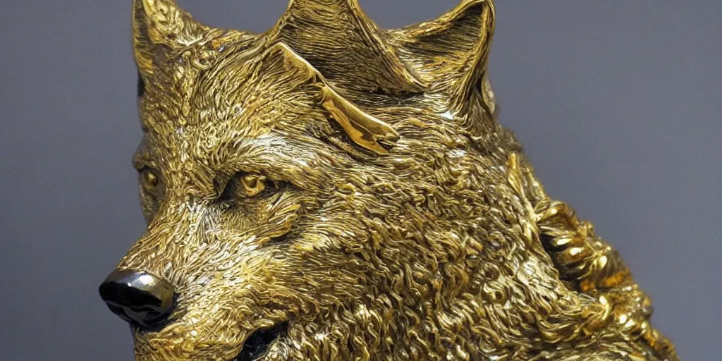 Image similar to gorgeous wolf statue with gold filigree