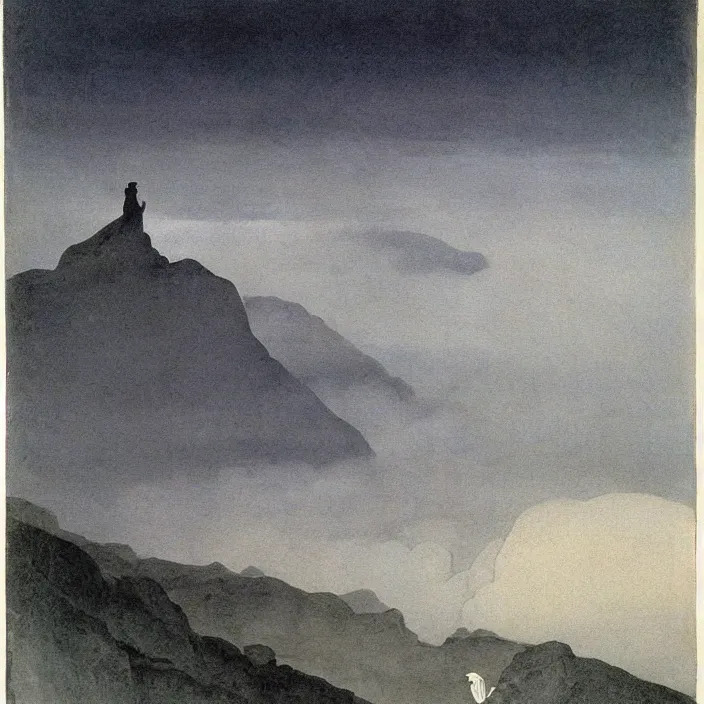 Image similar to shy mountain summit taking a peek through the clouds, fog, with curious eyes. floating spirit in transparent nightgown. painting by caspar david friedrich, yves tanguy, jean delville, rene magritte, max ernst, monet