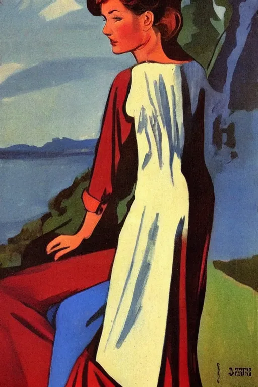 Image similar to beautiful slim and shapely young woman, elegant look, peasant dress, 1960\'s soviet propaganda art