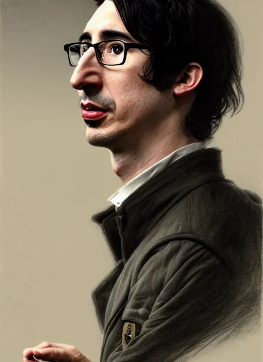 Prompt: a portrait of john oliver clutching a portrait of adam driver, military uniform, fantasy, intricate, elegant, beautiful, highly detailed, charcoal, centered, dark, smokey, digital painting, artstation, concept art, smooth, sharp focus, illustration, art by artgerm and greg rutkowski and alphonse mucha