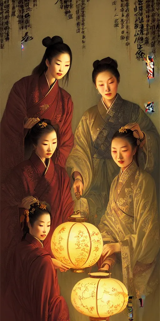 Image similar to mid - autumn night, ancient chinese women look at lanterns together, fine details. night setting. realistic shaded lighting poster by craig mullism, artgerm, jeremy lipkin and michael garmash, unreal engine, radiant light, detailed and intricate environment, digital art,