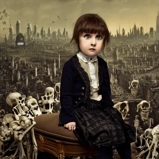 Image similar to a photo of young sad victorian gothic child with big eyes and wide grin sitting on a sofa of bones surrounded by a cyber futuristic cityscape made of human body parts, ultra detailed, 8 k resolution, beautiful lighting, expansive detailed layered city, landscape, sigma 8 5 mm, award winning photography