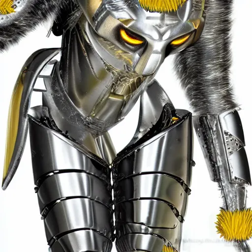 Prompt: silver tiger-like features on a humanoid face wearing space armor, yellow eyes, teeth like a saber tooth and fine grayish fur