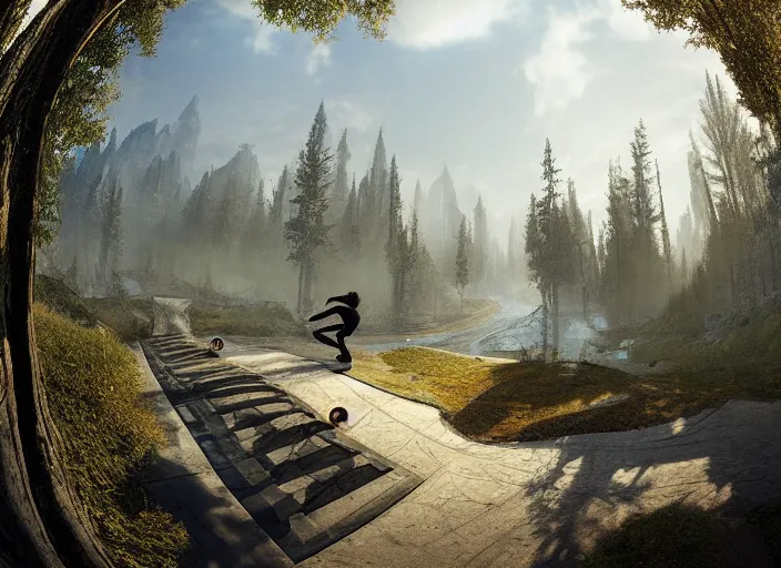 Image similar to a detailed beautiful matte painting of a skateboarder, kick flip, fantasy Riverwood village from The Elder Scrolls V: Skyrim, log homes, dirt road, trees by Mikko Lagerstedt and Raphael Lacoste, fisheye lens