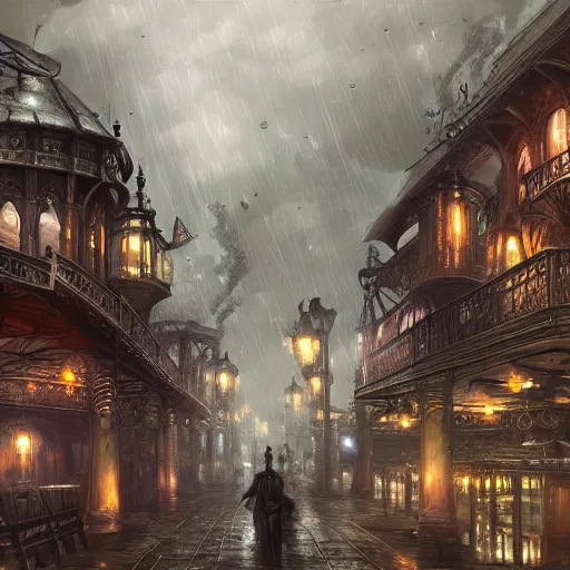 Prompt: Victorian steampunk mega city, covered by a large roof, digital painting, matte painting, art station, raining