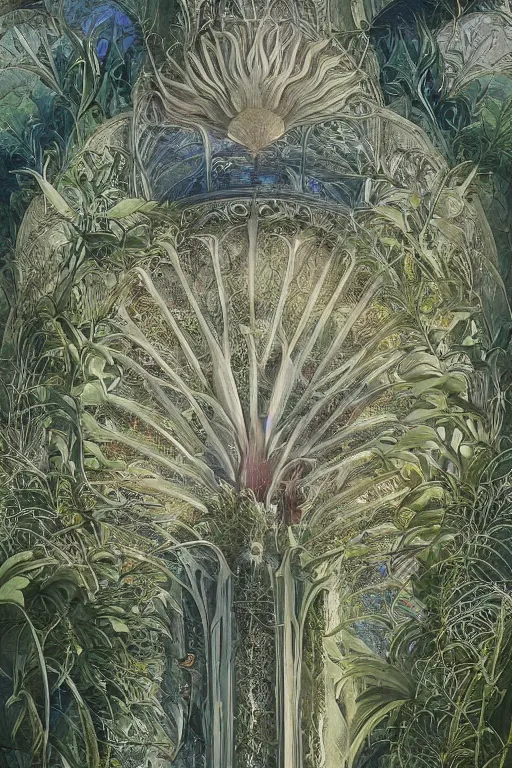 Image similar to a gorgeous painting by Viktor Hartmann of a great palace in the style of zaha hadit made from porcellain, beautiful natural soft rim light, roots, fine foliage lace, ernst haeckel, parametric architecture, parametric design, bioart, futuristic, adorned with all kind of plants, utopian, chitin, visceral, art nouveau , intricate details, satin silver beautiful gold metal details, mesh wire, neri oxman, cable wires, elegant, hyper realistic, quantum computer, ultra detailed, octane render, silicon and carbon, volumetric lighting, 8k post-production, hr giger style