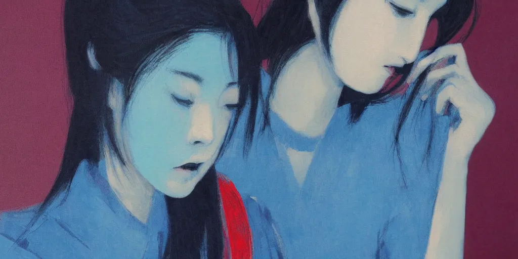Prompt: painting of a girl by Yoshitomo Nara, azure tones, red color bleed