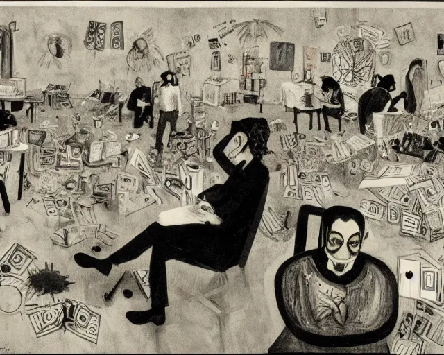 Prompt: the horror of beaurocracy, papers, horror, desks, office, waiting, stress, frustration, anger, crowded, harsh cinematic lighting, high qulity, 4 k, by charles addams and hilma af klint and affandi