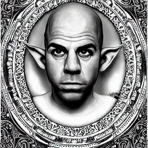 Image similar to elf that looks like joe rogan, symmetrical, full body image, accurate image, highly ornate intricate details, very sharp photo,
