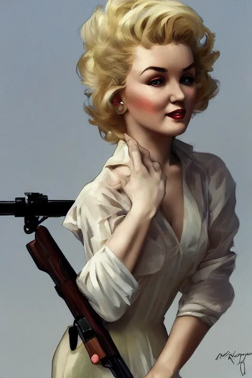 Image similar to beautiful cottagecore Marylin Monroe holding a rifle. intricate, elegant. highly detailed, digital painting, artstation, concept art, smooth, sharp, focus, illustration. . art by artgerm and greg rutkowski and alphonse mucha