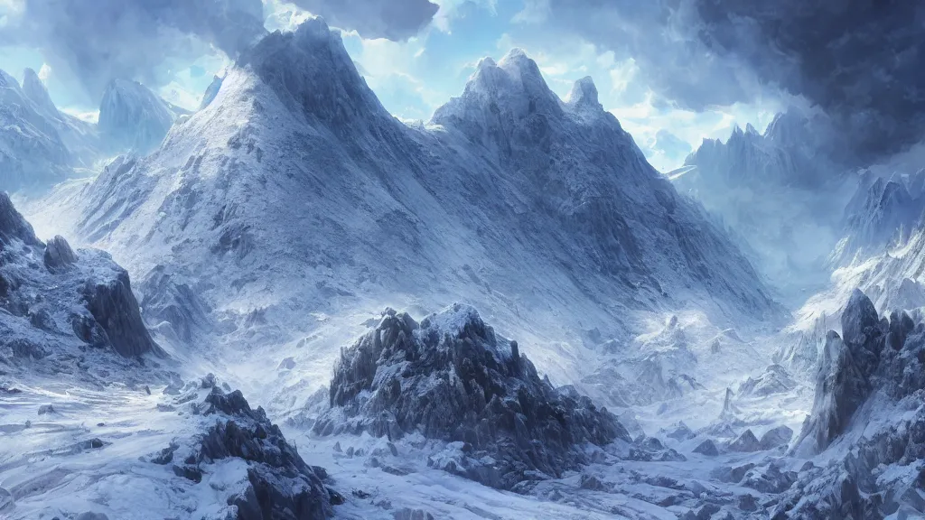 Image similar to a beautiful hyper realistic detailed matte painting of a coldly mountain covered with snow traversed by a crack of incandescent magma, dramatic lighting, dynamic lighting, cinematic lighting, lit by morning light, by makoto makoto, krenz cushart and artgerm, anime, featured on artstation, ultrawide angle