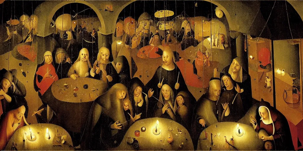 Prompt: a party at midnight, modern indoors, bay area, candles, hot tub, friendship, hope, art by hieronymus bosch