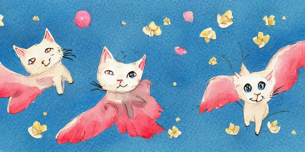 Image similar to watercolor illustration style, flying cute cats with tiny blue wings