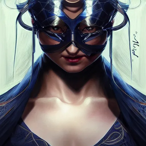 Image similar to character concept, portrait, symmetrical head - on centralized, young woman with dark ninja clothes. detailed, high quality, dynamic lightning, fantasy, scenematic. artwork by artgerm, wlop, alex ross, greg rutknowski, alphonse mucha