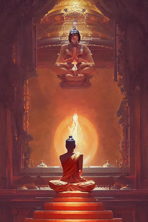 Image similar to temple, buddhism, painting by greg rutkowski, j. c. leyendecker, artgerm