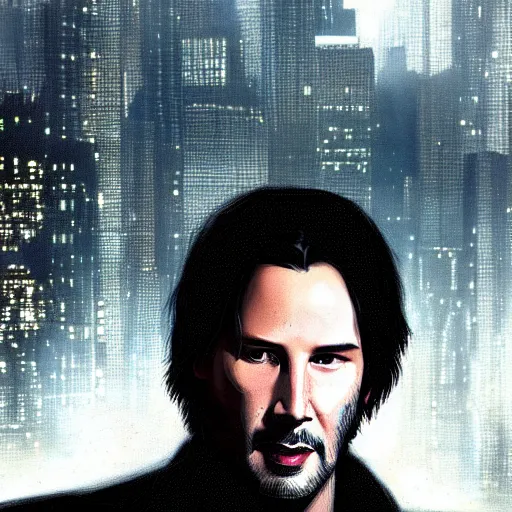 Image similar to closeup portrait of keanu reeves in blade runner, city background, dramatic light, gorgeous view, depth, high detail, digital art, painted by greg rutkowski and seb mckinnon, by tim burton, trending on artstation