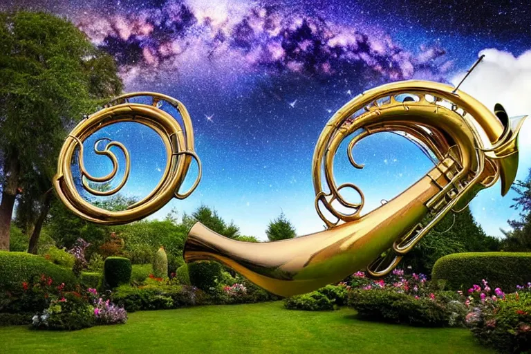 Image similar to a huge flock of many intricate elegant french horn cloud sculptures, art nouveau garden environment, soothing, milky way, award winning art, epic dreamlike fantasy landscape, ultra realistic,