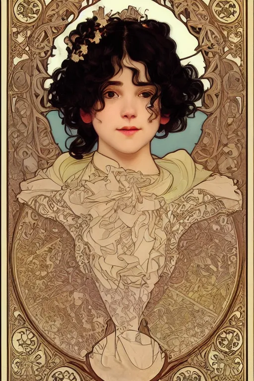 Prompt: beautiful cottagecore of a girl with short black curly hair, round face, cute face. intricate, elegant. highly detailed, digital painting, artstation, concept art, smooth, sharp, focus, illustration. art by alphonse mucha