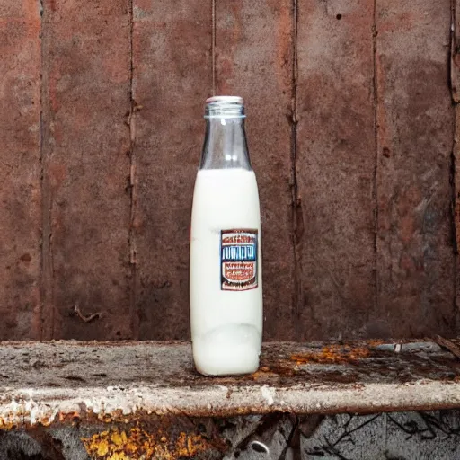 Prompt: bottle of milk, over a rusted metal table inside slaughterhouse