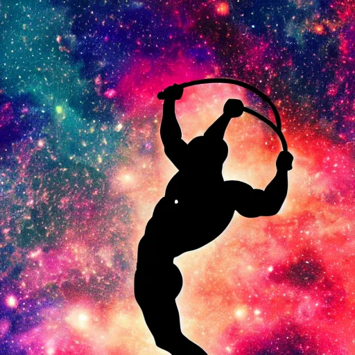 Image similar to athletic man doing a pullup using gymnastic rings, silhouette, long shot, in a cosmic nebula background, matte colors, dramatic, inspiring digital art trending on artstation